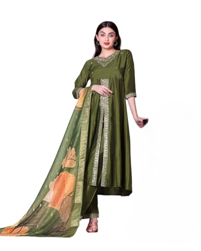 Shiv TextilesWomens Silk Blend Anarkali Kurta Pant Set with Dupatta | Ethnic Suit Set with Embroidery Work | Flared Kurta Set f