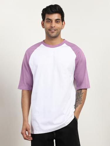 Nobero MenS Colorblock Oversized Fit T-Shirt (1M-Twts-R0103-Bl_White-Purple