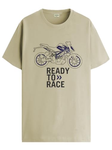 ADRO Men's Biker Design Printed 100% Cotton T-Shirt - Regular Fit, Printed T-Shirts for Men (RN24-KTM-BE_Beige_XL)