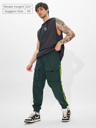 The Souled Store Solids: Dark Green Men and Boys Drawstringed Cotton Blend Baggy Fit Cargo Joggers