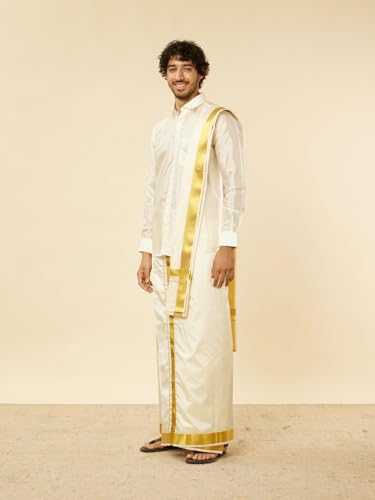Manyavar Mens Cream Silk Solid Kurta Veshti Set