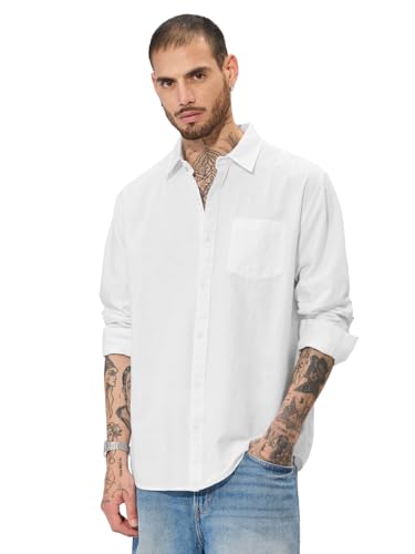The Souled Store Solids: Pearl White Men And Boys Collared Neck Long Sleeve Button Front Regular Fit Cotton Linen Shirts Solid S