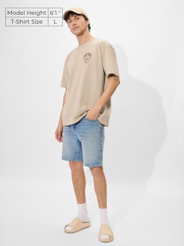 The Souled Store Official Gotg: Rocket Men And Boys Short Sleeves Round Neck Brown Graphic Printed Cotton Oversized T-Shirts