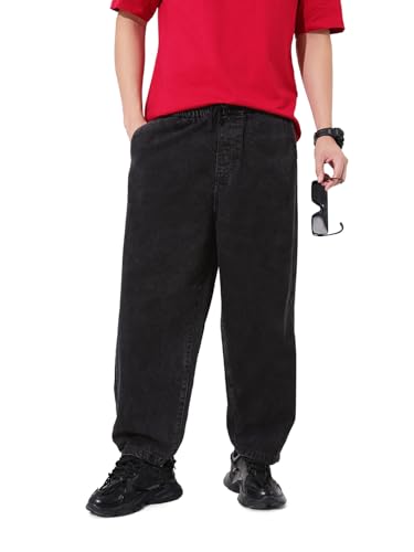 The Indian Garage Co Mens Barrel Loose Fit Solid Mid-Rise Jeans
