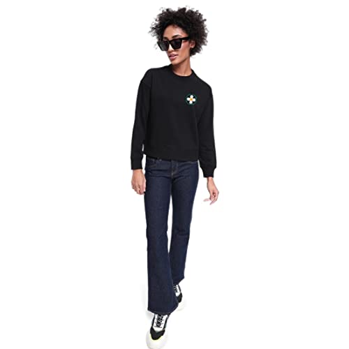 Bewakoof Womens Typography Oversized Fit Full Sleeve Round Neck Terry Sweatshirt Black