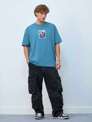 The Souled Store DC Comics: Superman and Batman Men and Boys Short Sleeves Round Neck Teal Graphic Printed Cotton Oversized T-Sh
