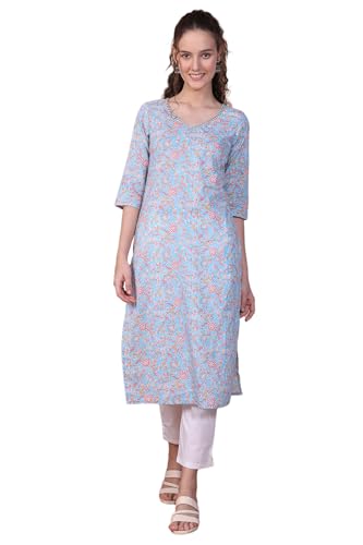 Aurelia WomenS Blue Botanical Printed Pure Cotton Straight Kurta (Size: M)-A16050-509461