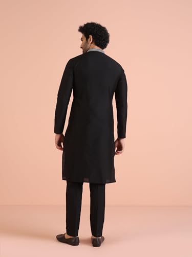 Kisah Men Black Kurta, Cotton, Full Sleaves, Knee Length, Straight, Regular Fit, Mandarin Collar Ethnic Wear-40