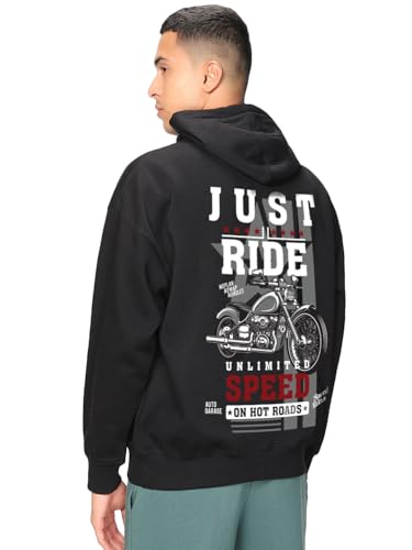 Bewakoof Mens Graphic Print Oversized Fit Full Sleeve Hooded Fleece Hoodies_649880_Black_L