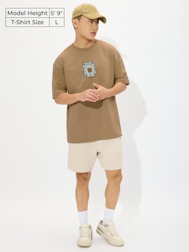 The Souled Store Chai Stamp Men And Boys Short Sleeves Round Neck Brown Graphic Printed Cotton Oversized T-Shirts