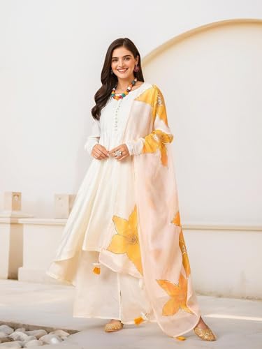ishin Women Solid off-white anarkali kurta with pants and floral dupatta