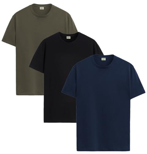 ADRO Men's Solid Regular Fit T-Shirt (RCM3-PLN-BL-NB-OL_Black,Navy,Olive