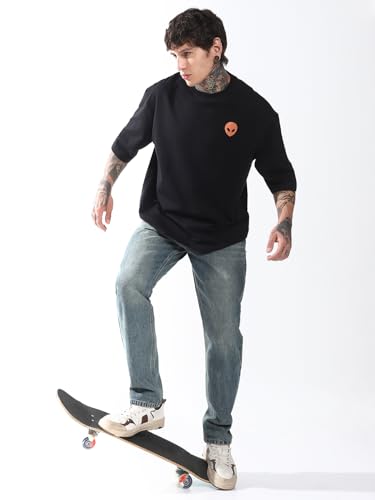 Hubberholme Men Cotton Terry Printed Oversized Round Neck Half Sleeves Tshirts 13 Black