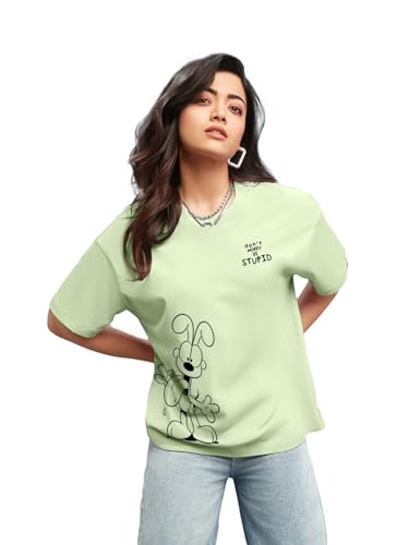 Bewakoof X Official Garfield Merchandise Womens Be Stupid Odie Graphic Printed 100% Cotton T-Shirt - Oversized Fit, Round Neck,