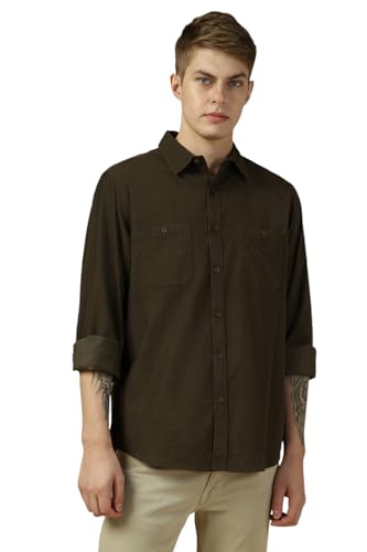 Dennis Lingo Men Olive Solid Relaxed Fit Full Sleeve Spread Collar Shirts