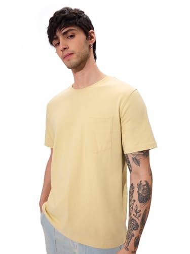 The Souled Store Solids: Seashell Cream Men and Boys Short Sleeves Round Neck Regular Fit Cotton T-Shirts
