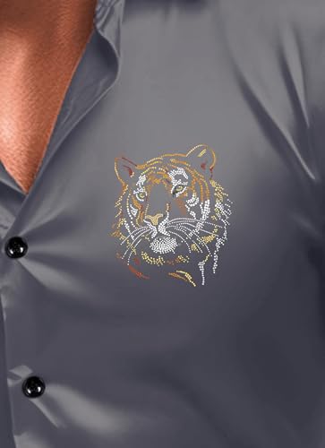 Indoprimo MenS Satin Stylish Club Wear Tiger Diamond Print Shirt Full Sleeve Darkgrey