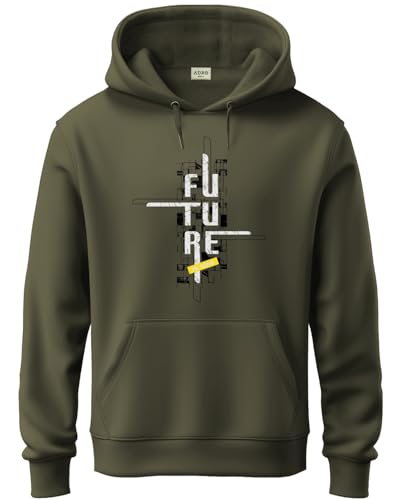 ADRO Men's Cotton Blend Neck Hooded Sweatshirt (H24-FTR-OL_Olive