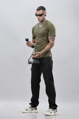 ADRO Men's V Neck Solid Cotton T-Shirt (VN-M-PLN-OL_Olive)