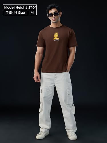 The Souled Store Garfield: Who Cares Men and Boys Short Sleeves Round Neck Brown Embroidered Regular Fit Lightweight Everyday Ca
