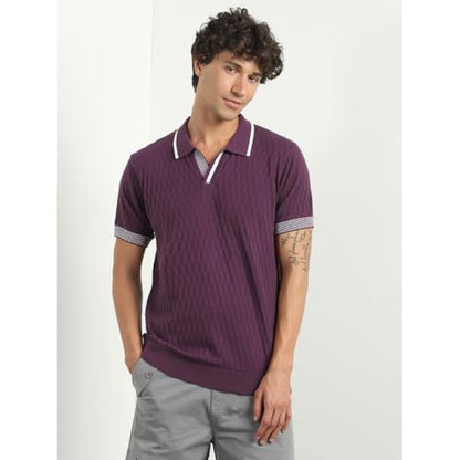 Nobero MenS Self Design Regular Fit Polo Shirt (1M-Twpo-R0023_Midnight Plum-Grid Knit
