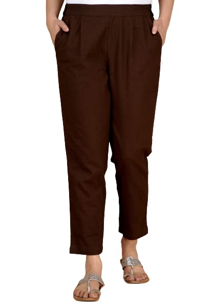 Digital Shopee Cotton Women Trouser Pant Use For Formal Office High Waist For Wide Leg Ankle Length Straight Pencil Pant (Brown_