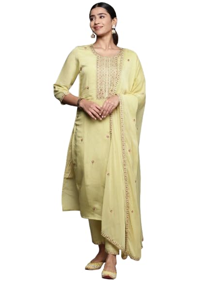 VARANGA Women Beige Embroidered Straight Kurta Paired With Tonal Embroidered Bottom And Embroidered Dupatta