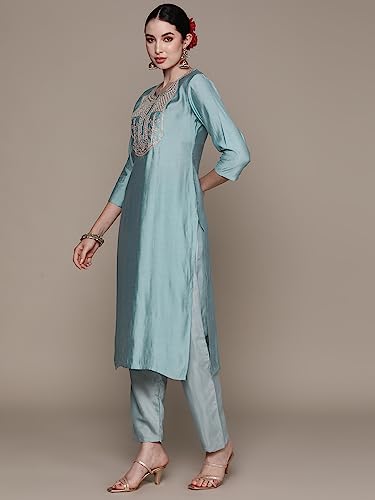 anubhutee Women's Silk Blend Embroidered Blue Straight Kurta Suit Set with Pants
