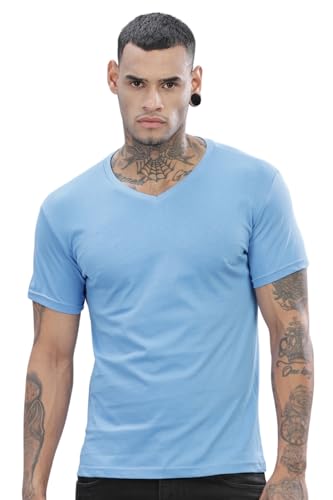 ADRO Men's V Neck Solid Cotton T-Shirt (VN-M-PLN-SK_SkyBlue_XL)