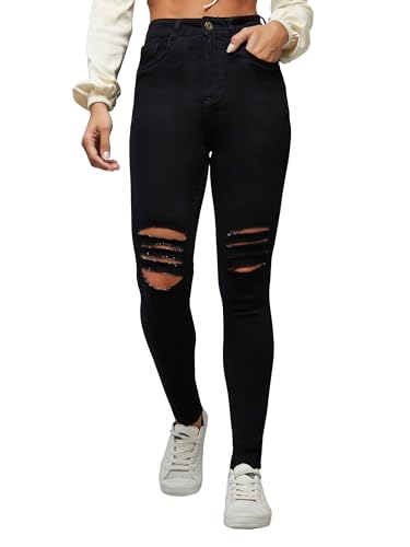 Dolce Crudo WomenS Slim Fit High Rise Regular Length Mild Distressed Ripped Denim Stretchable Jeans (Doss24Den95-83-367-30, Lico