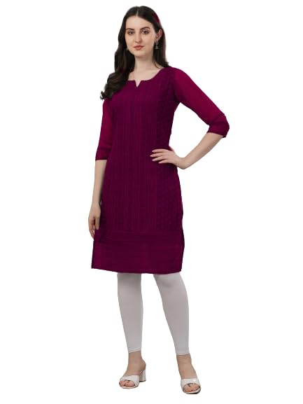 Fashion2Wear WomenS Georgette Kurti With Notch Neck 3/4Th Sleeves Knee Length Solid Pattern Chikankari Embroidery Work And Regu