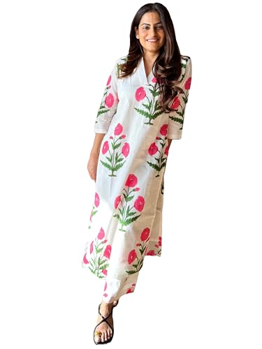 Anni Designer WomenS Rayon Viscose Straight Printed Kurta With Palazzo (Aneena White_L_White_Large)