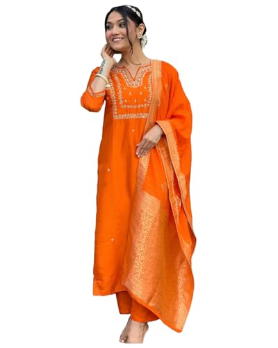 GoSriKi Womens Silk Blend Straight Embroidered Kurta with Pant & Dupatta (MANUSHI Orange-GS_XL_Orange_X-Large)