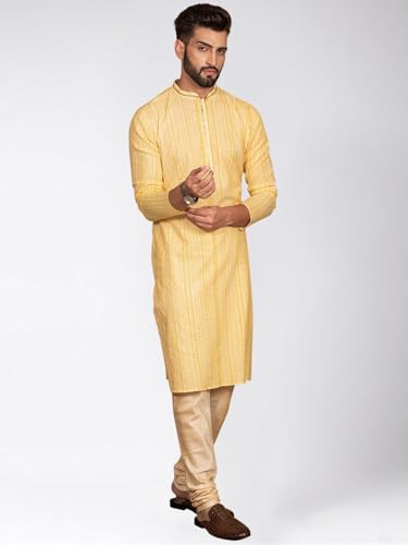 Kisah Cotton Blend Yellow Kurta For Men, Full Sleaves, Knee Length, Straight, Regular Fit, Mandarin Collar, Geometric Embroidere