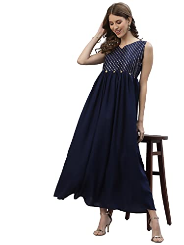 Stylum Women's Embellished Rayon Pleated Kurta (Navy Blue)