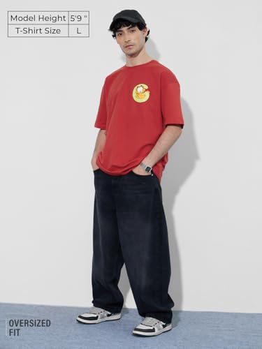 The Souled Store Looney Tunes: Garfield Face Outta My Space Men and Boys Short Sleeves Round Neck Red Graphic Printed Cotton Ove