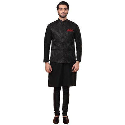Kisah Men Kurta Jacket Set Blended Fabric, Rose Print, Full Sleaves, Knee Length, Straight, Regular Fit, Mandarin Collar Ethnic