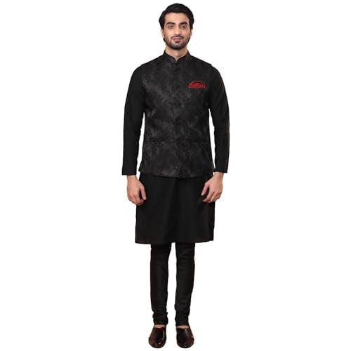 Kisah Men Kurta Jacket Set Blended Fabric, Rose Print, Full Sleaves, Knee Length, Straight, Regular Fit, Mandarin Collar Ethnic