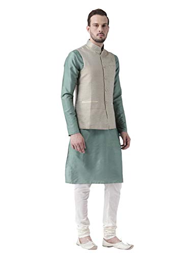 Kisah Men Green Cream Solid Banarasi Kurta With Churidar Nehru Jacket, Full Sleaves, Knee Length, Straight, Regular Fit, Mandari