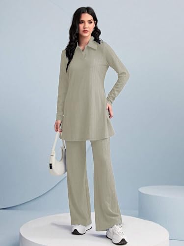 Tadkee WomenS Polyester Solid Color Two-Piece Set | Long Sleeve Top & Wide Leg Pants Co-Ord Set | Casual Wear Co Ord Set (Fn-Fu
