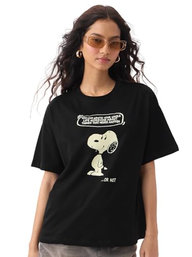 The Souled Store Peanuts: Overthink Women and Girls Short Sleeves Round Neck Black Graphic Printed Cotton Lightweight Everyday S