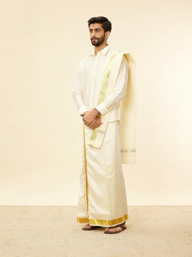 Manyavar Mens Cream Art Silk Solid Kurta Veshti Set