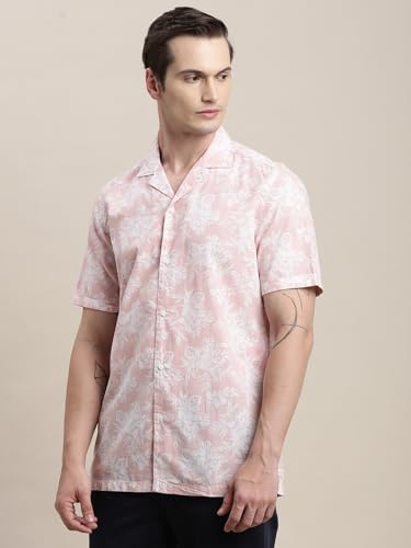 Turtle Men Light Pink Printed Half Sleeve Slim Fit Cotton Tencel Casual Shirt