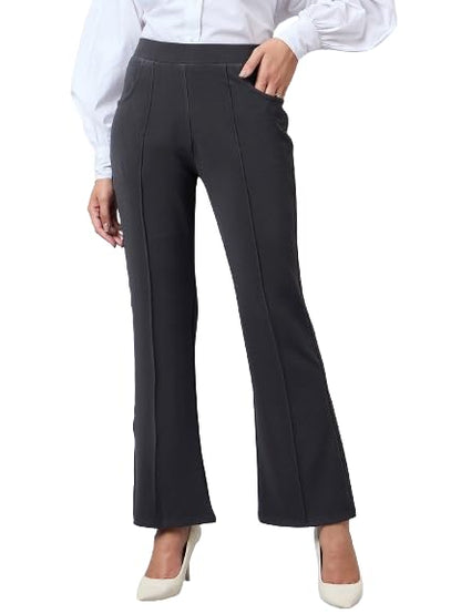 Style Quotient Women Solid Grey Self Design Polyester Formal Trouser