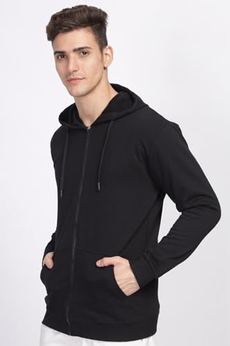 ADRO Men's Cotton Neck Hooded Sweatshirt (ZHH-24-PLN-BL_Black
