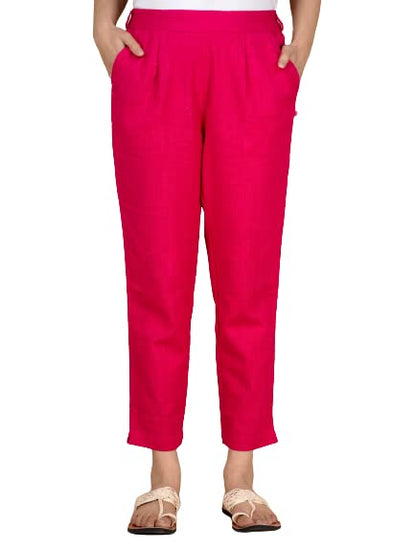 Digital Shopee Women Regular Fit Elastic Waist Full Length Cotton Formal Trouser For Casual Wear, Office Wear Pink
