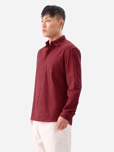The Souled Store Maroon Mens And Boys Long Sleeves Collared Neck Button Front Oversized Fit Cotton Linen Shirt