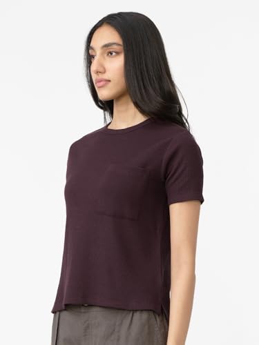 The Souled Store Textured T-Shirt: Deep Brown Women and Girls Short Sleeves Round Neck Solid Cotton Blend Relaxed Fit T-Shirts