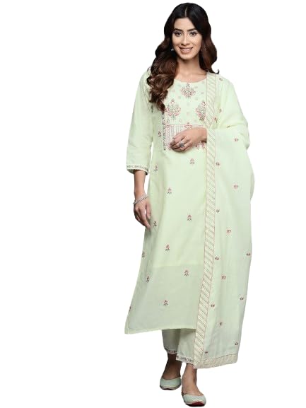 VARANGA Women Green Thread And Sequins Embroidered Kurta With Tonal Bottom And Dupatta