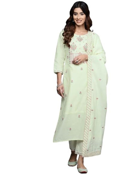 VARANGA Women Green Thread And Sequins Embroidered Kurta With Tonal Bottom And Dupatta